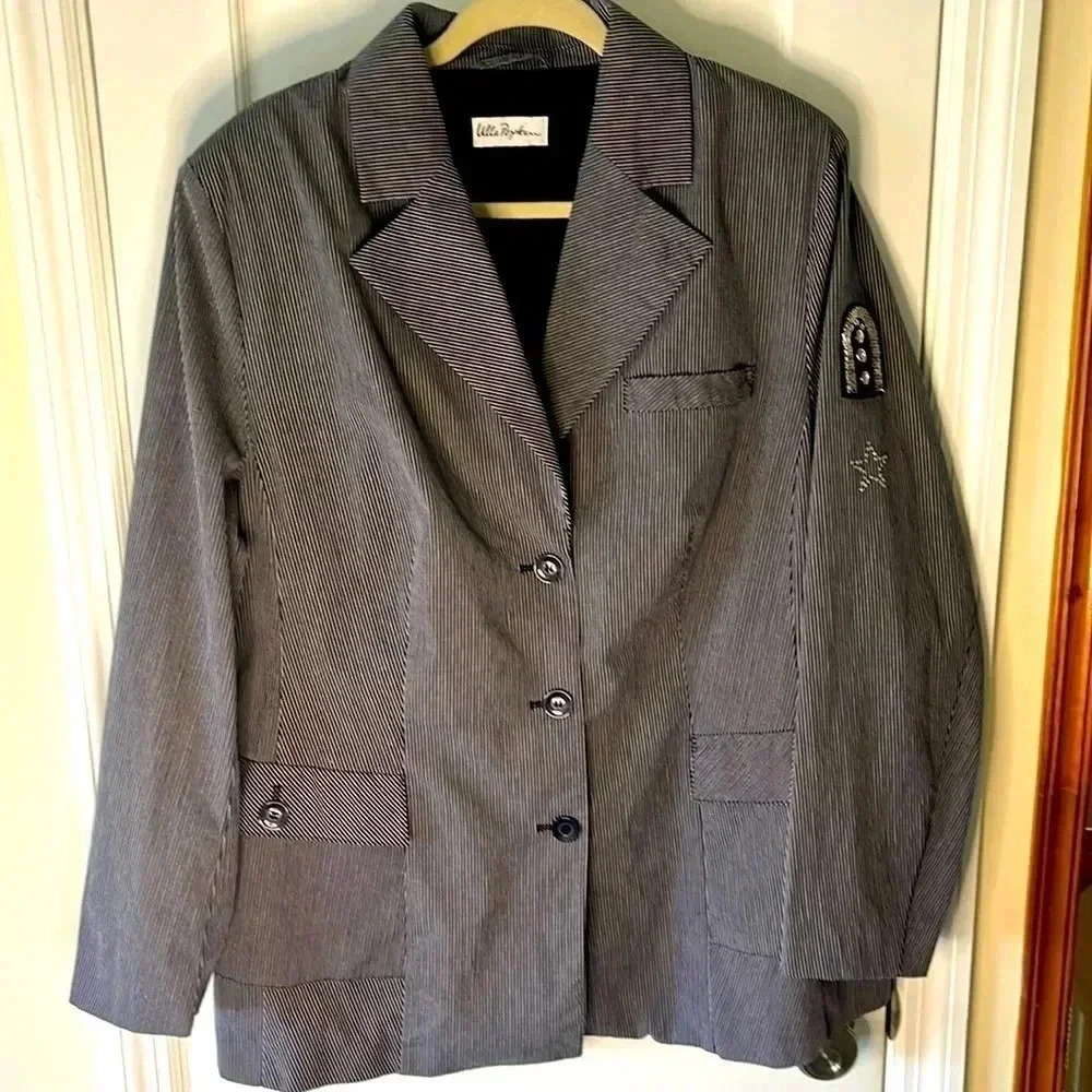 Cotton‎ Blend Blazer Women’s 20 Embellished Striped Jacket Military Classic Blue